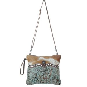 Myra Bag Brown Hair-on Cowhide and Turquoise Tooled Leather Shoulder Bag